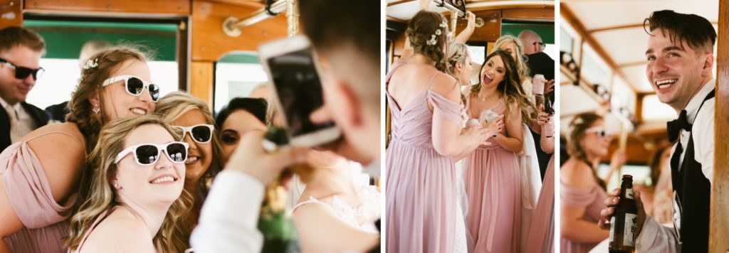 Fellowship Missionary Church, Summer bridesmaid dresses, summer wedding picture inspiration, bridal party pictures, bride and groom pictures, veil pictures, get away car pictures, Fort Wayne trolley, wedding trolley