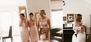 bridesmaids crying in pastel wedding dresses