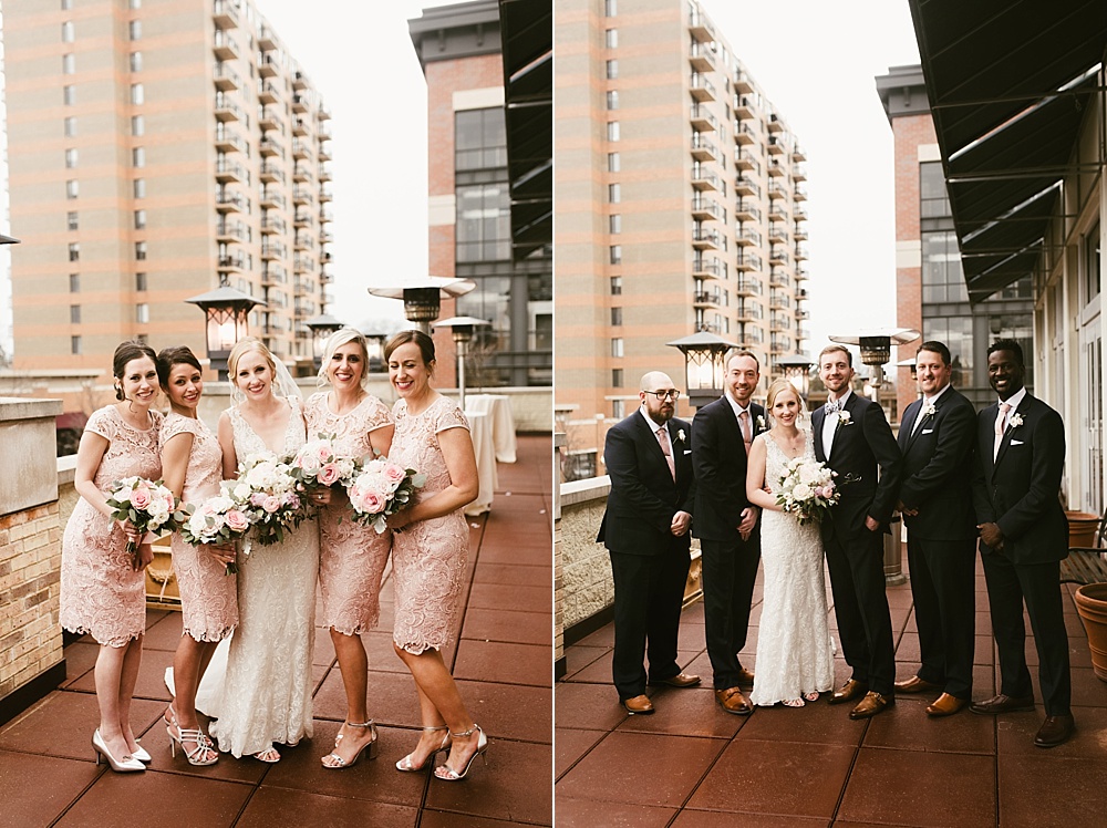 bridal party in pastel pink and navy metropolis ballroom chicago