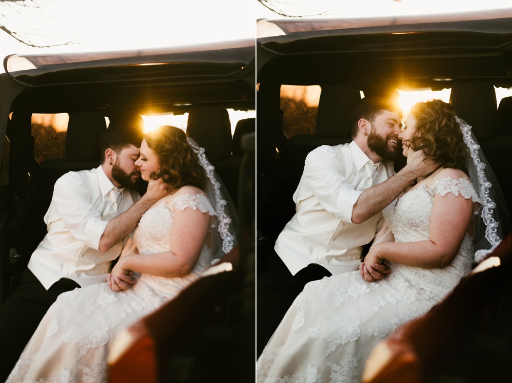 bride and groom in jeep wrangler