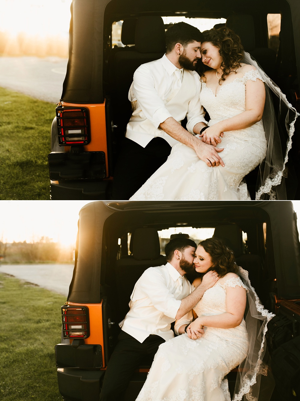 bride and groom in jeep wrangler
