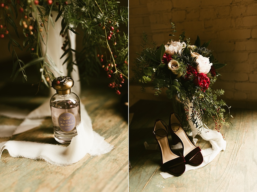 perfume and shoes with bridal bouquet at coppes commons indiana