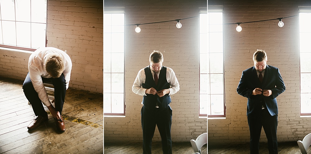 groom getting dressed at coppes commons indiana