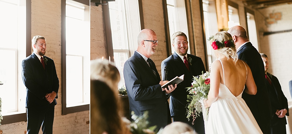 grooms face as bride walks down the aisle at coppes commons indiana