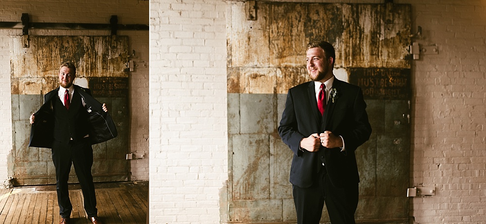 navy suit groom attire at coppes commons indiana