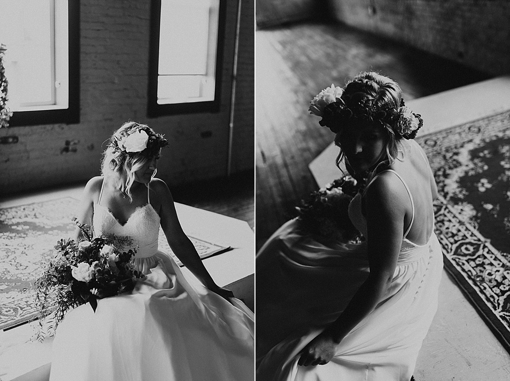 bride with flower crown and peonies at coppes commons indiana