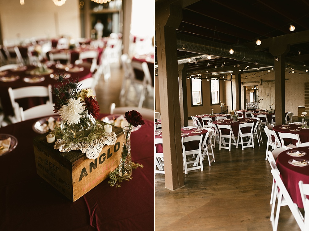 reception setup with burgundy tableclothes at coppes commons indiana