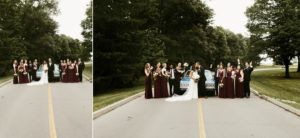 bridal party in front of vintage impala at concordia lutheran seminary gardens