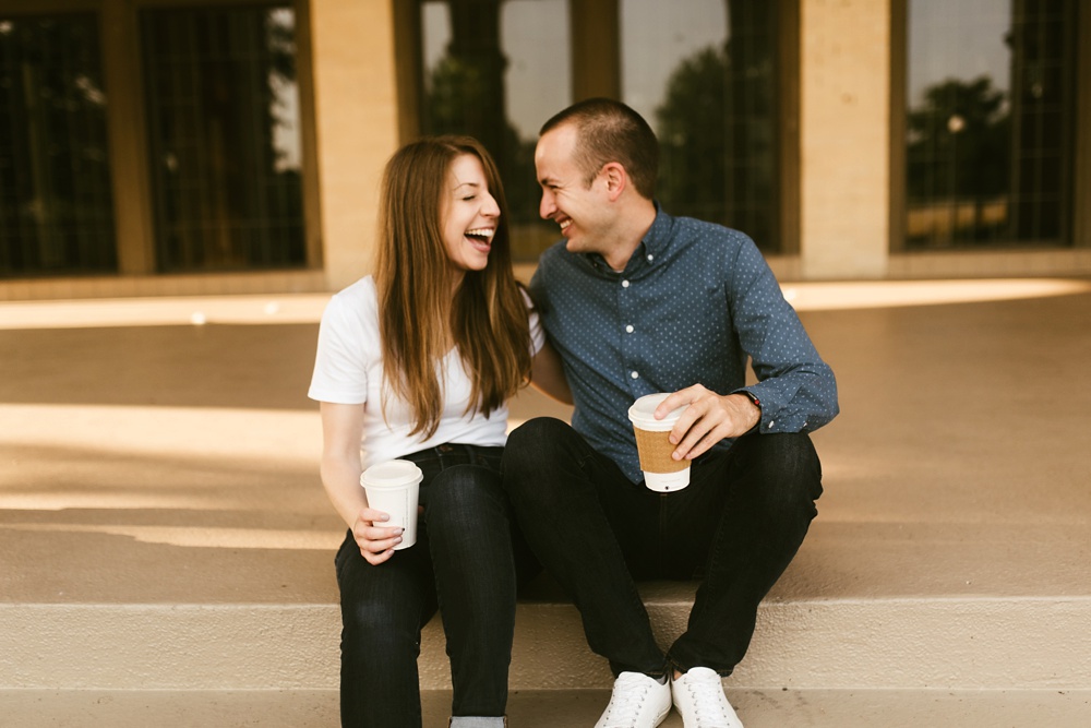 couple laughing at belle isle detroit engagement session
