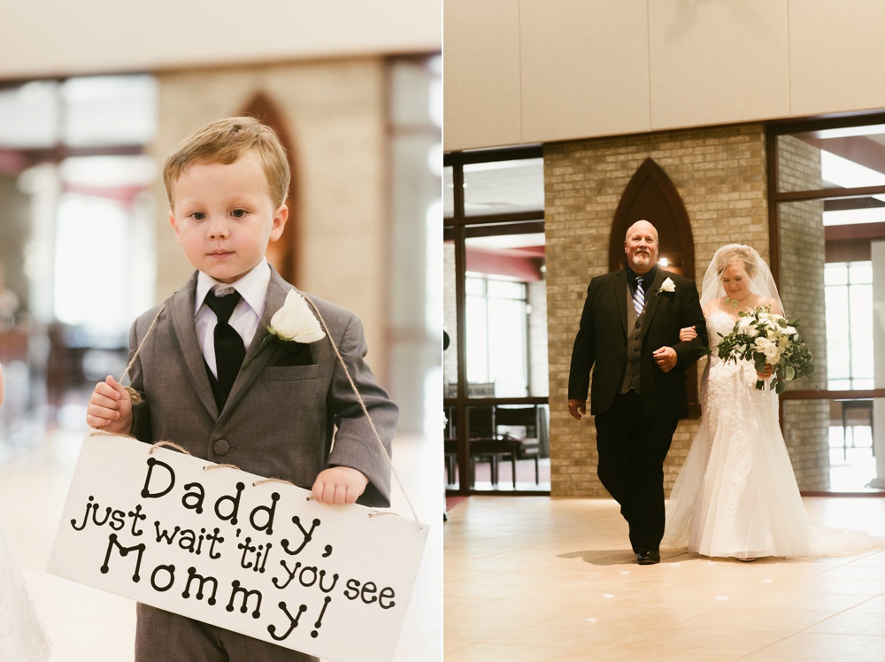 bride, father of the bride and son walking down aisle at st. anthony's catholic church