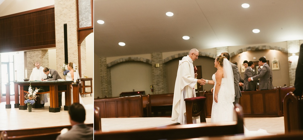 couple and priest during wedding ceremony at st. anthony's catholic church