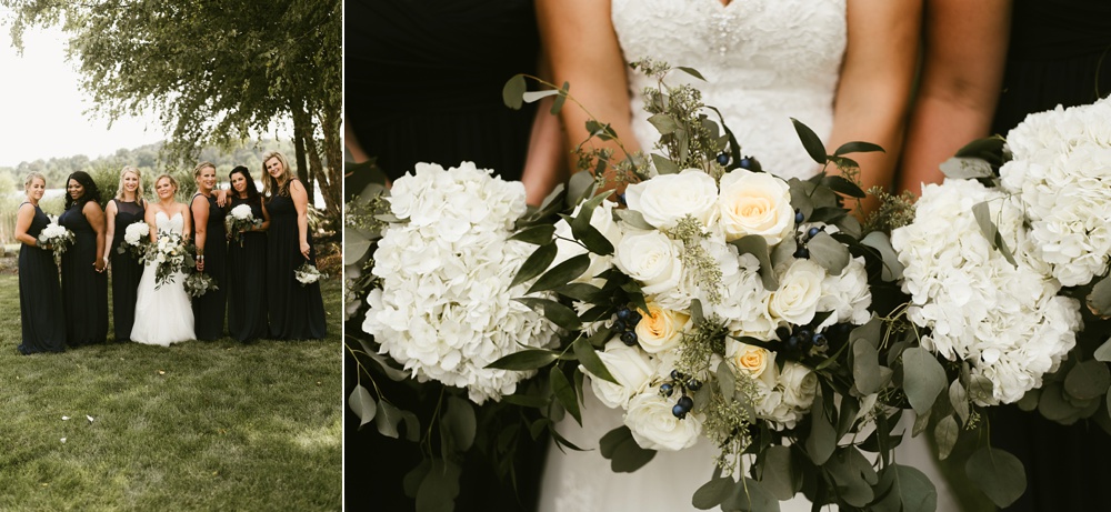 bridal party in navy dresses and white bouquets with bride at glendarin golf course