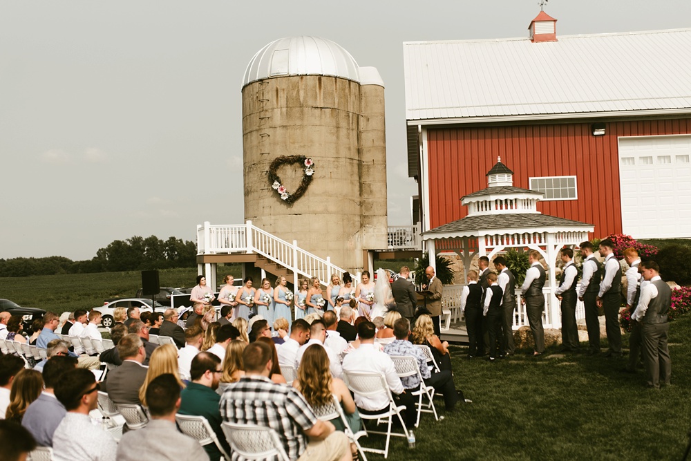 wedding guests, barn, gazebo and wedding party at j weaver barn wedding
