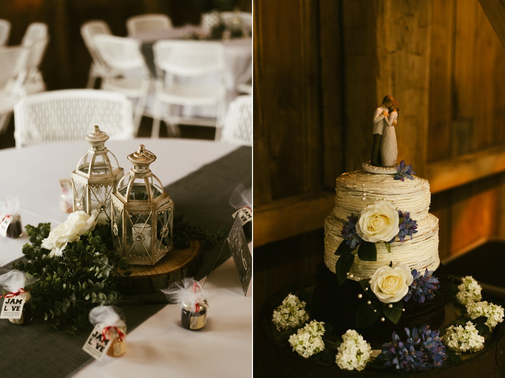 rustic lantern centerpieces and wedding cake at j weaver barn wedding
