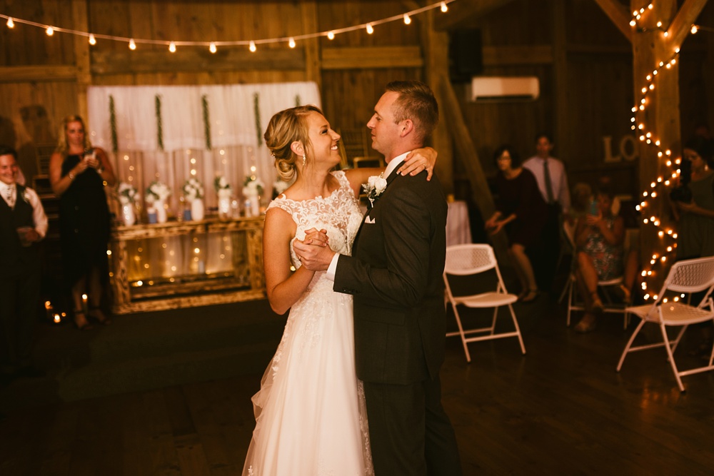 bride and groom first dance at j weaver barn wedding