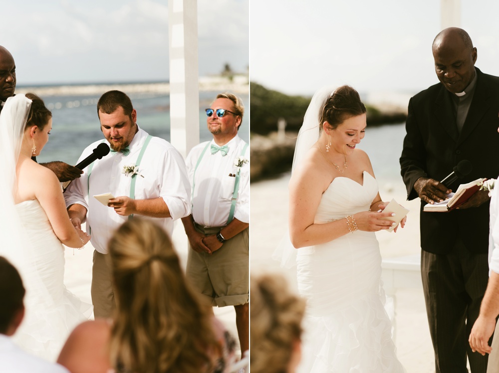 bride and groom exchanging vows at oceanside ceremony at grand palladium jamaica wedding