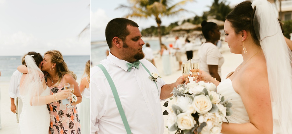 bride and groom with champagne at oceanside ceremony at grand palladium jamaica wedding