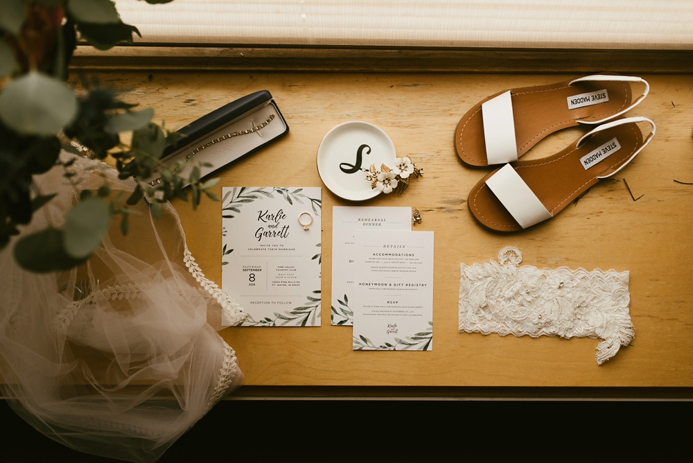 wedding shoes, jewelry and invitations at pine valley country club wedding