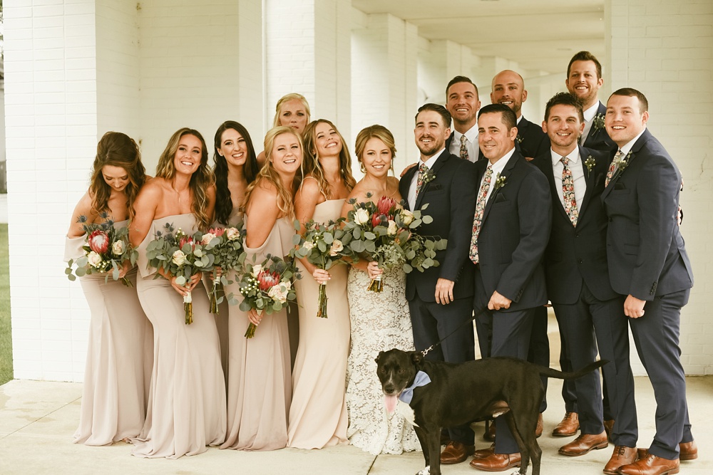 wedding party, bride, groom and dog at pine valley country club wedding