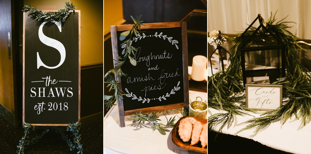 boho chic signs and table setups at pine valley country club wedding reception