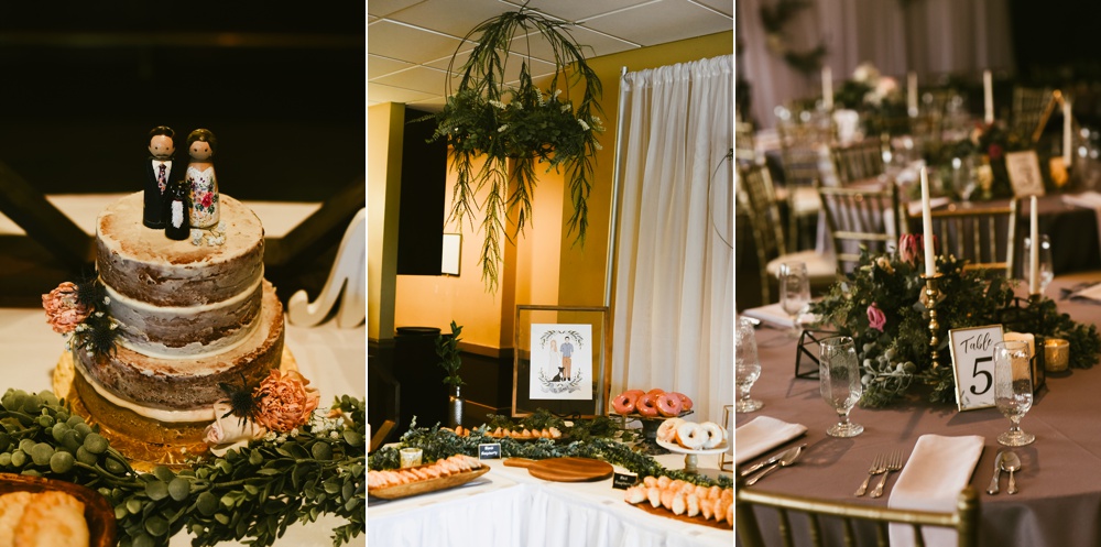 boho chic cake and table decor at pine valley country club wedding reception