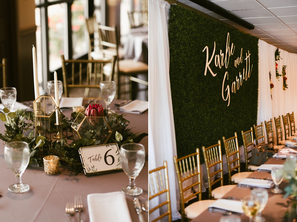 boho chic signage and head table at pine valley country club wedding reception