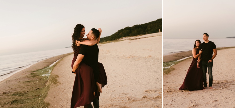 couple on beach by lake warren-dunes-engagement-session-