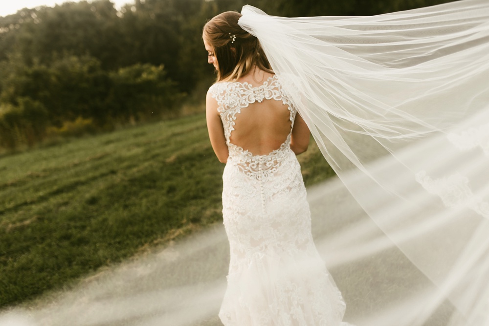 bride veil and dress with lace open back from one fine day at metea county park fall wedding