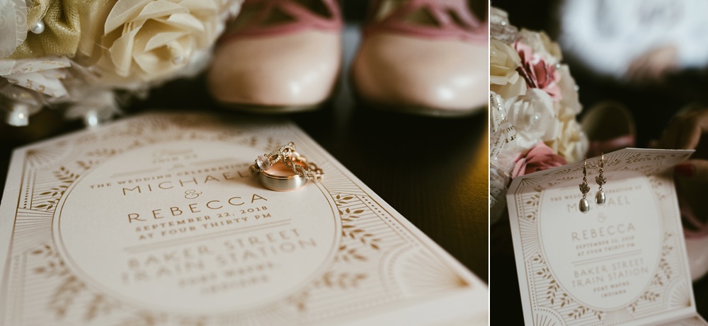 wedding rings and invitations at baker street station wedding