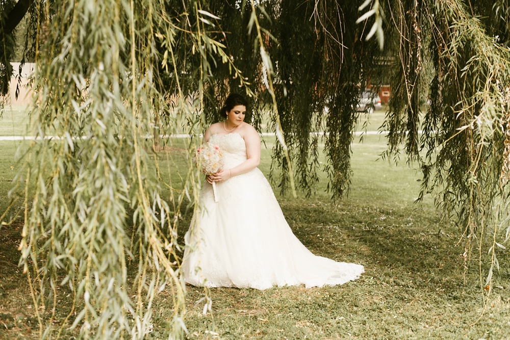 bride standing under willow tree at foster park wedding