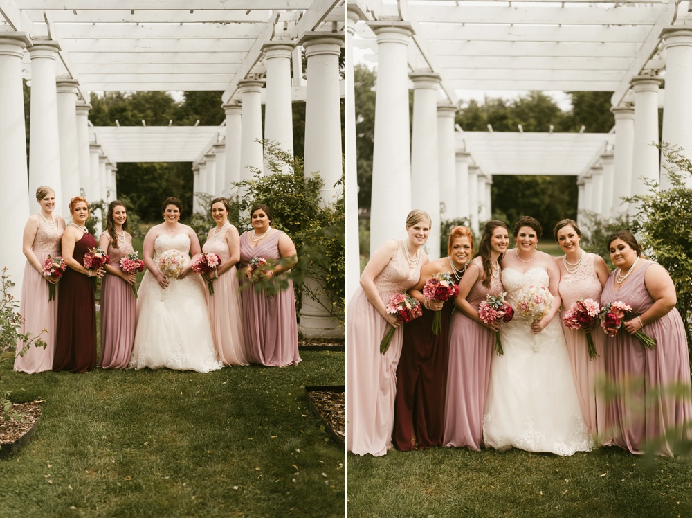 bridesmaids in blush dresses with bride at foster park wedding