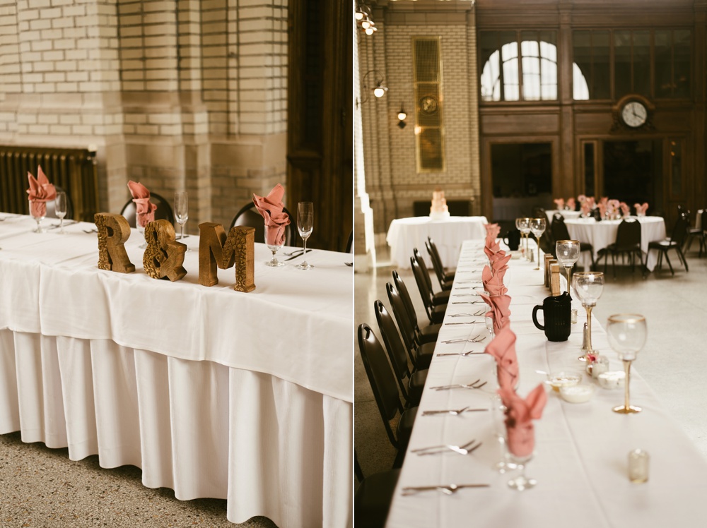 head table with blush and gold accents at baker street train station wedding