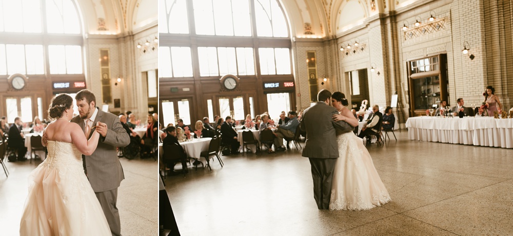 couples first dance at baker street train station wedding