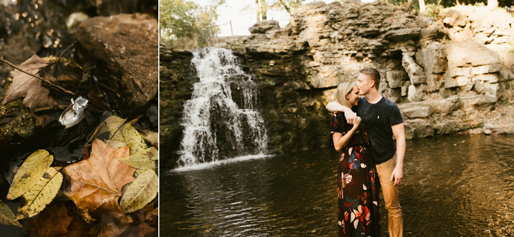couple kissing by waterfall at france park engagement session
