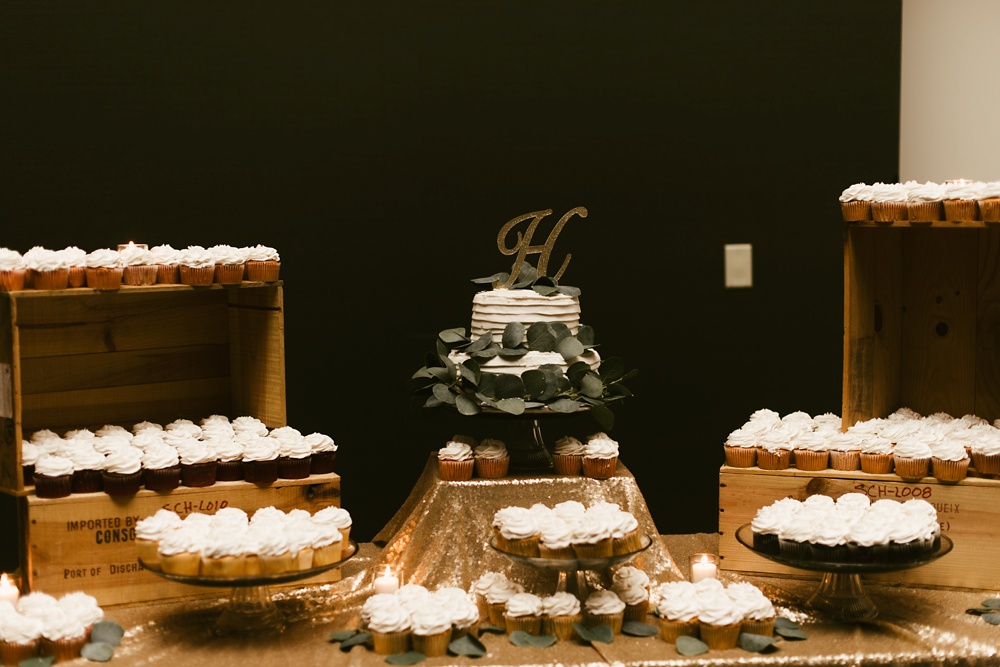 wedding cupcakes and cake at purdue fort wayne international ballroom wedding