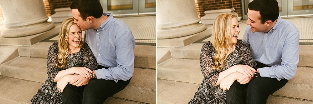 couple kissing and laughing at downtown south bend engagement session