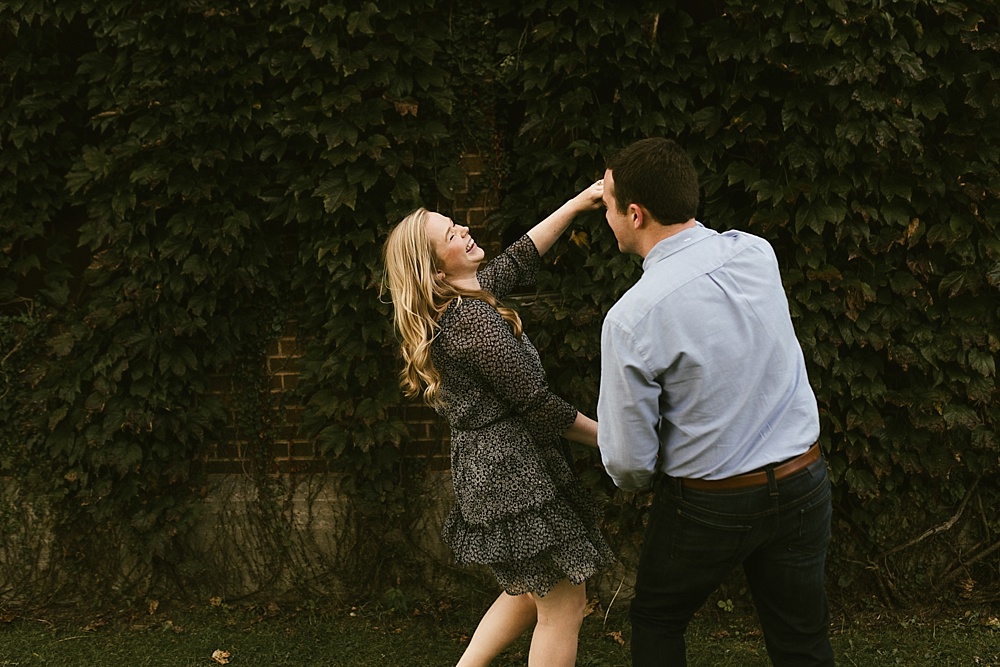 couple dancing at downtown south bend engagement session