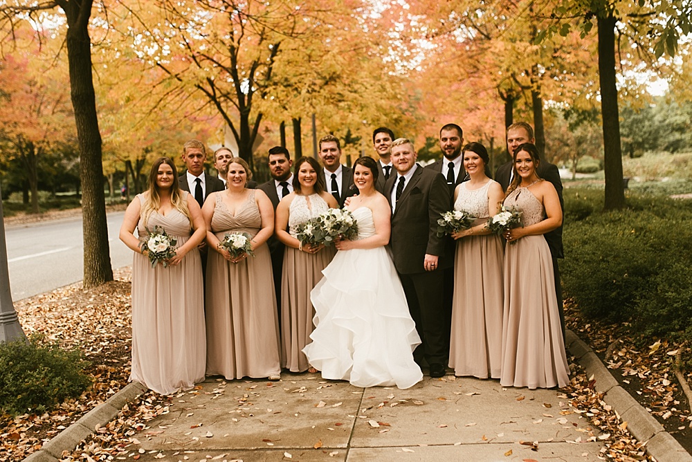 wedding party with bride and groom at headwaters park fall wedding