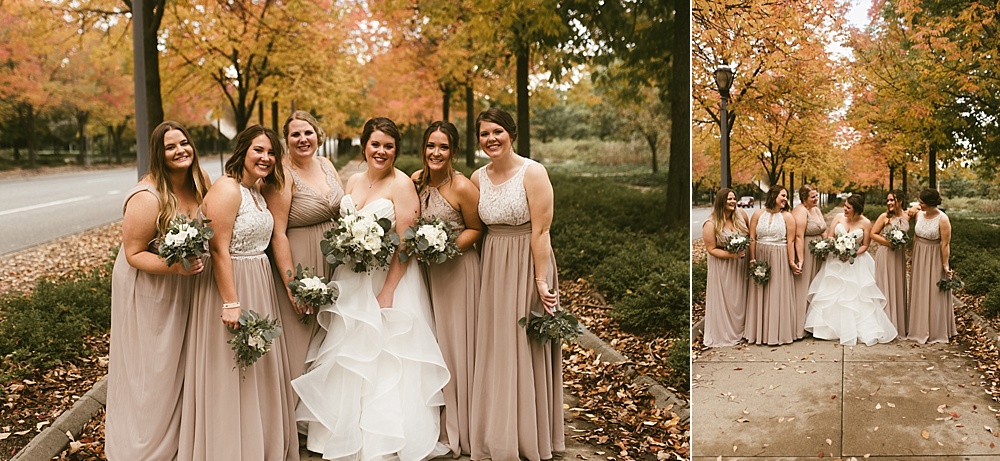 bride with bridesmaids in taupe dresses at headwaters park fall wedding