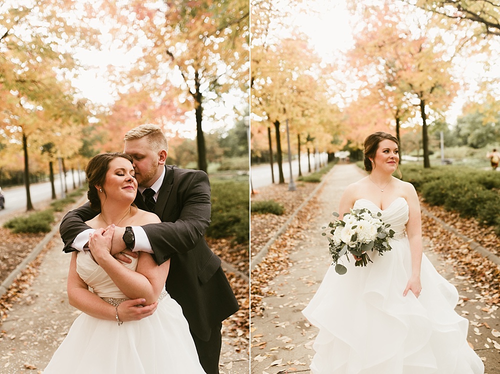 couple hugging at headwaters park fall wedding