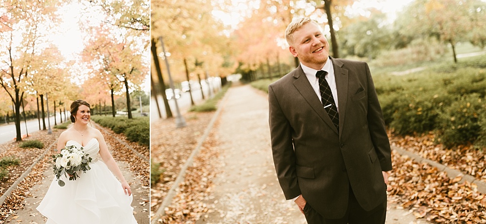 bride in ellens bridal and dress boutique ballgown and groom at headwaters park fall wedding