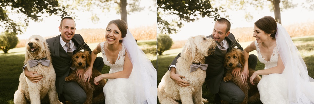 couple hugging labradoodle at first look ceremony at indiana wesleyan fairmount campground wedding
