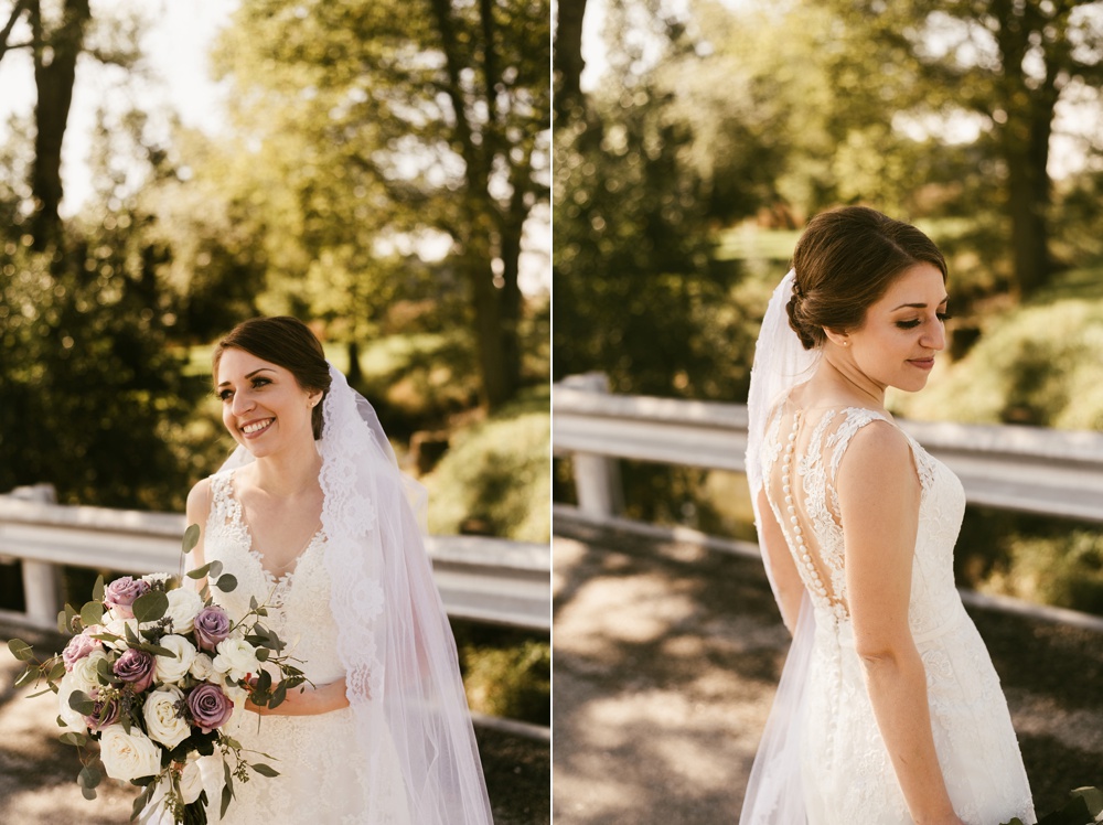 bride smiling in marie gabrielle couture dress at indiana wesleyan fairmount campground wedding