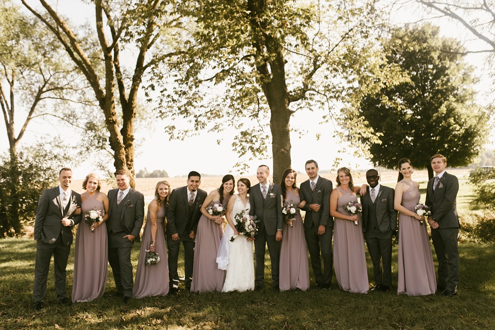 bridal party in gray tuxes and rose dresses smiling