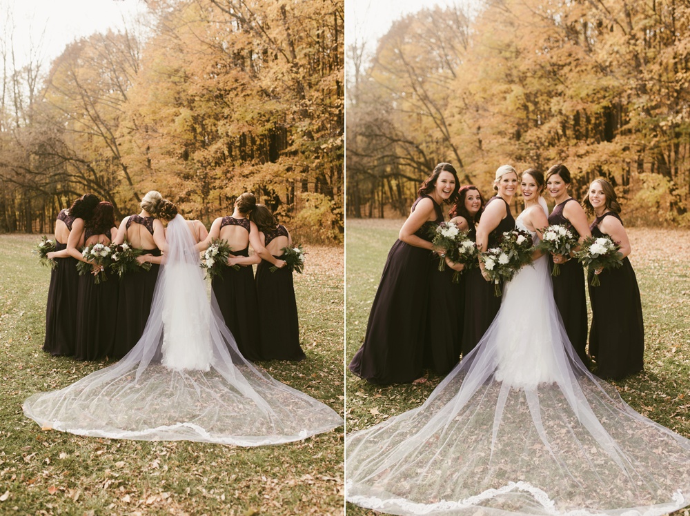 bridemaids smiling with bride one fine day dress at green bay pamperin park rock garden wedding