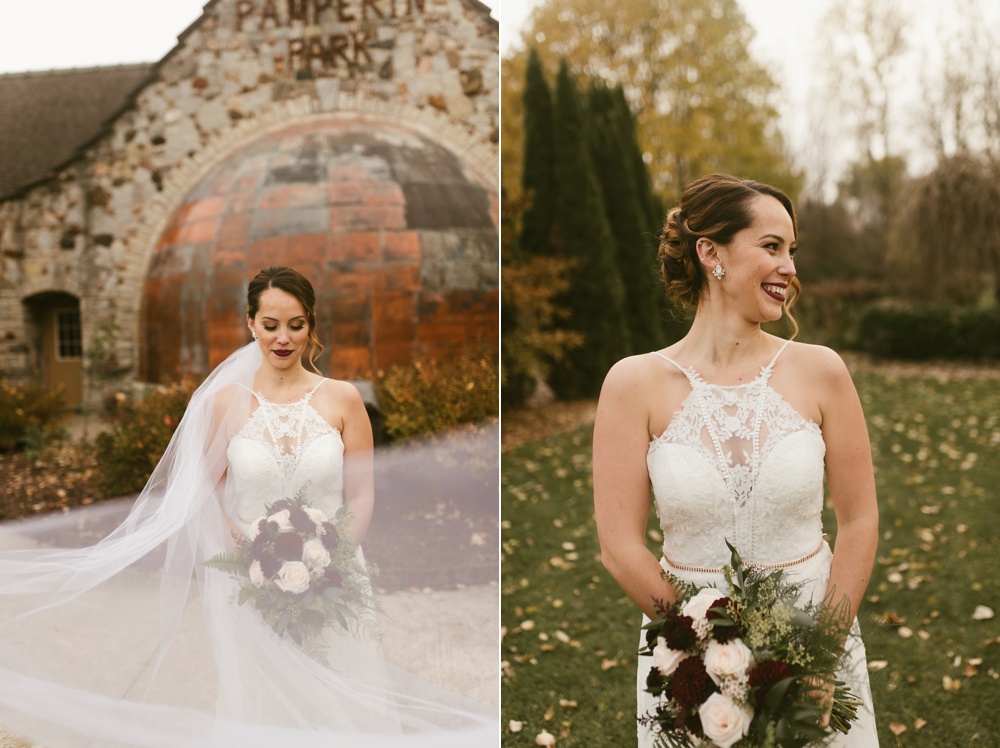 bride in one fine day dress with rose bouquet at green bay pamperin park rock garden wedding