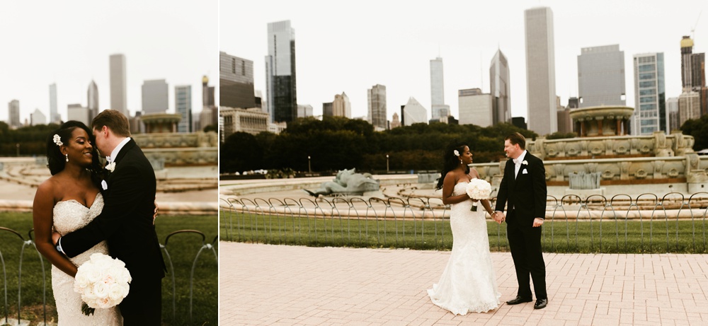 bride and groom hugging at first look ceremony buckingham fountain chicago