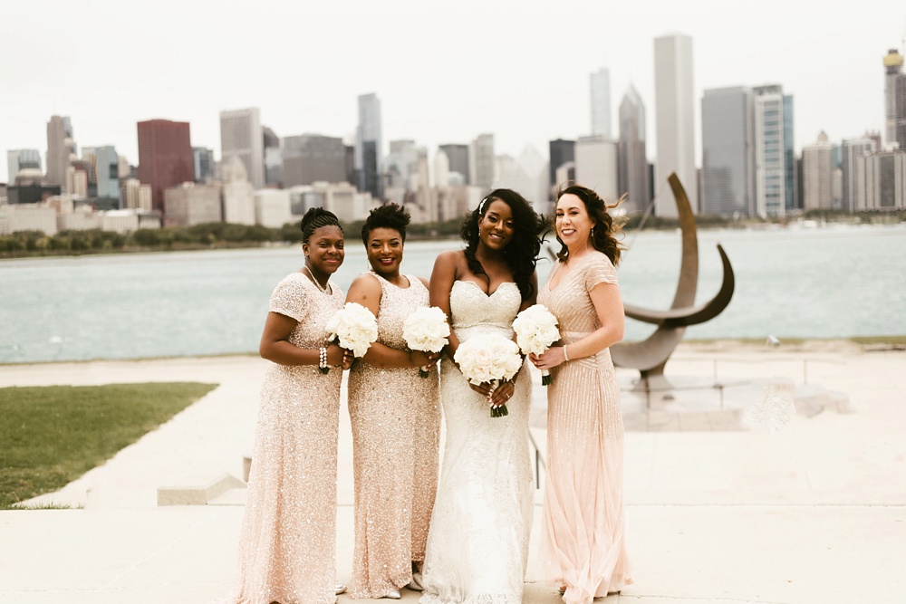 bridesmaids in blush dresses at buckingham fountain chicago