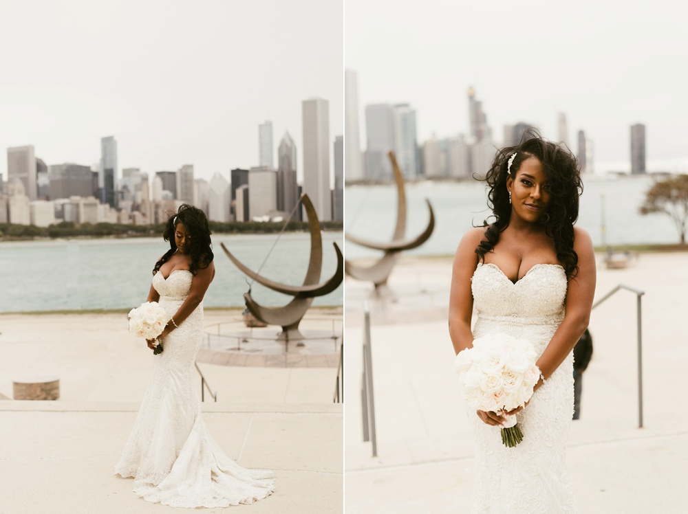 bride spinning in lace a line dress with white rose bouquet buckingham fountain chicago