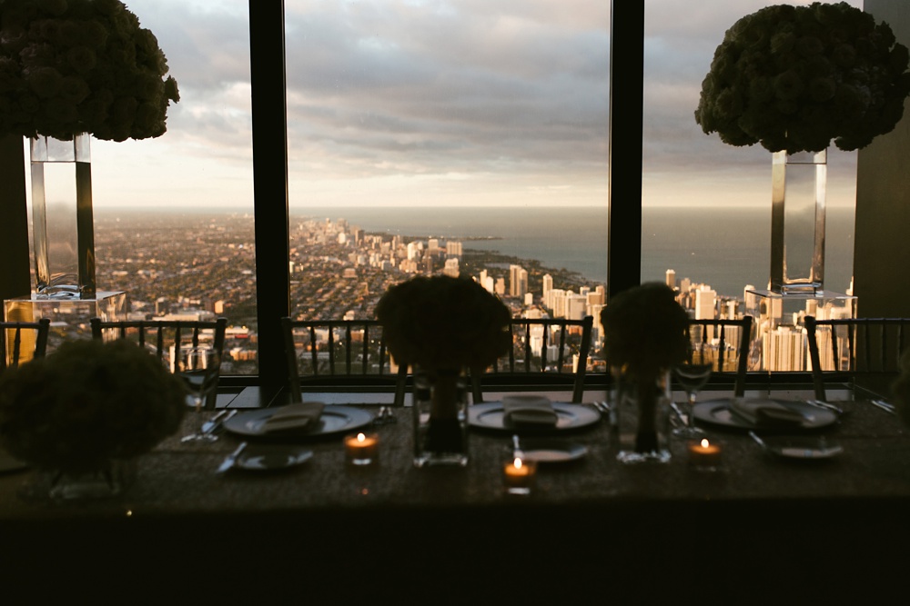 head table at sunset at skydeck willis tower wedding